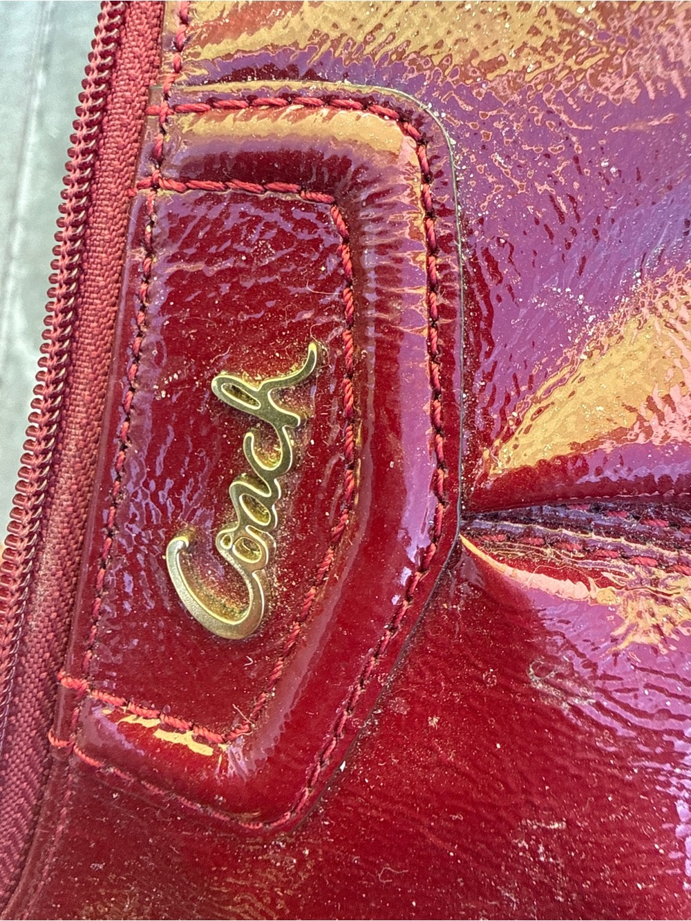 Coach Glossy Patent Leather Tote in Deep Red with Gold Hardware